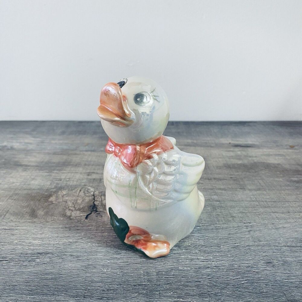Vintage Ceramic Baby Duck Coin Bank Porcelain Figurine Pink Scarf